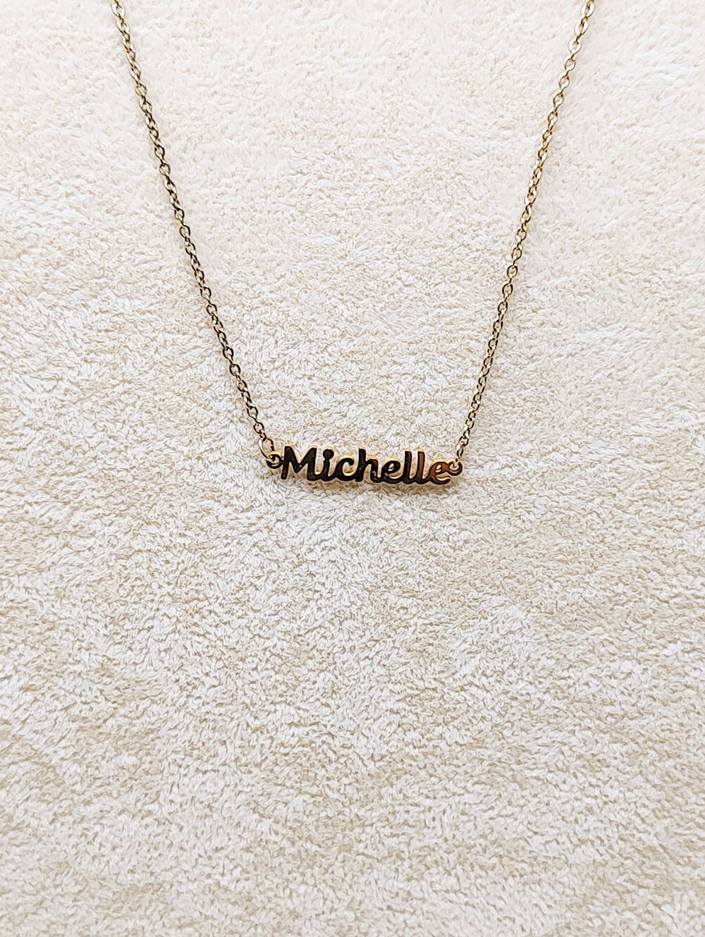 "Michelle" Gold Tone Chain Name Plate Necklace MDB Marina De Buchi